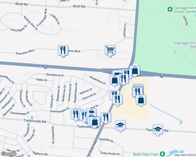 map of restaurants, bars, coffee shops, grocery stores, and more near 7801 Sekford Circle in Huber Heights