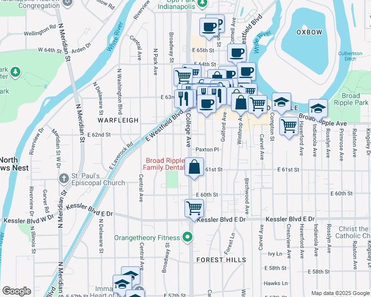 map of restaurants, bars, coffee shops, grocery stores, and more near 6140 North College Avenue in Indianapolis