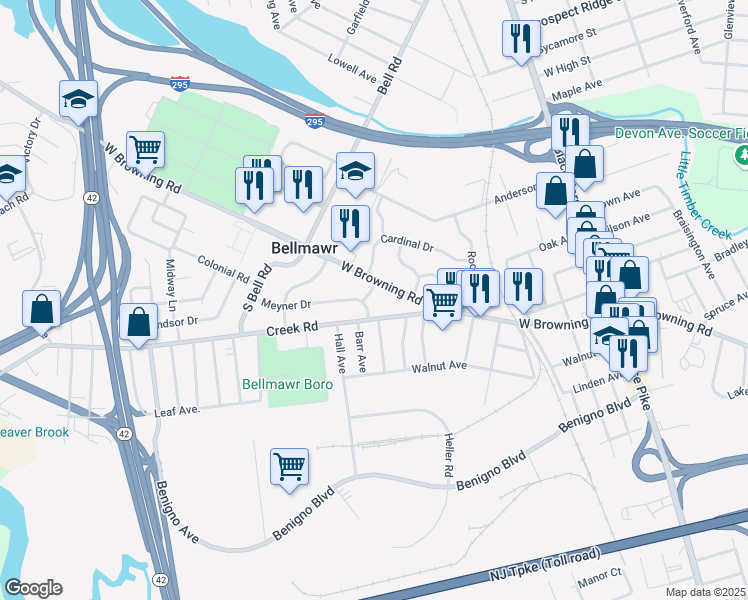 map of restaurants, bars, coffee shops, grocery stores, and more near 7 Thomas Ave in Bellmawr