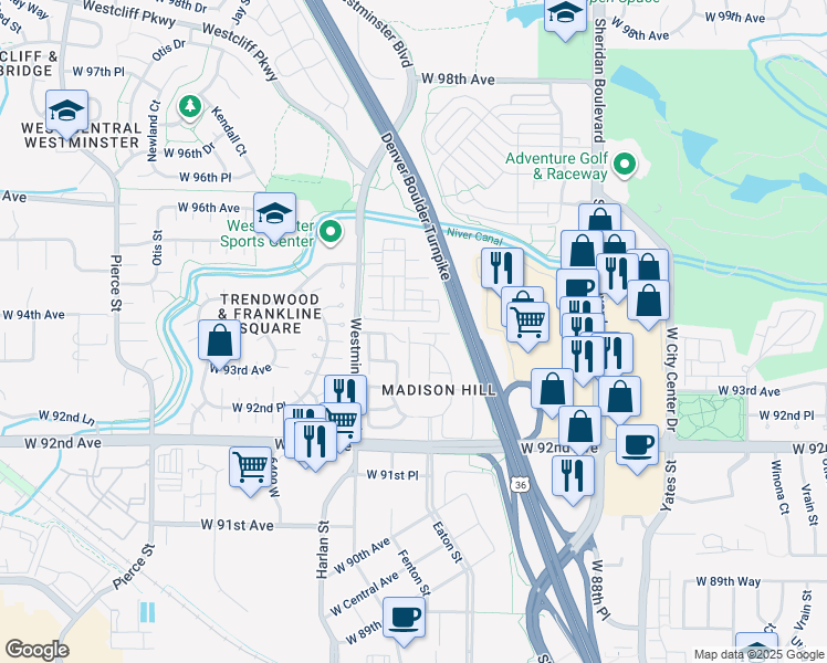 map of restaurants, bars, coffee shops, grocery stores, and more near 5731 West 92nd Avenue in Westminster