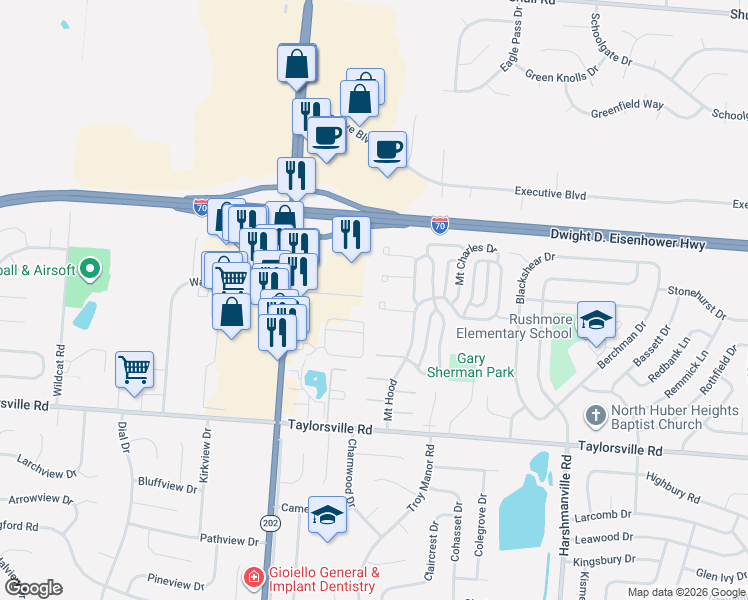 map of restaurants, bars, coffee shops, grocery stores, and more near 7999 Mount Hood in Dayton