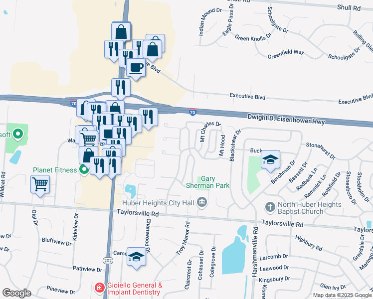 map of restaurants, bars, coffee shops, grocery stores, and more near 8036 Mount Everest Street in Huber Heights