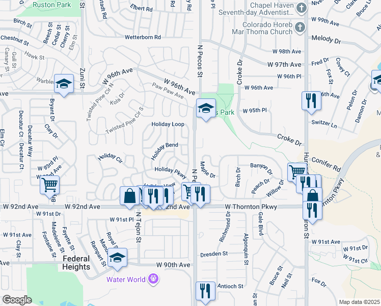 map of restaurants, bars, coffee shops, grocery stores, and more near 174 Holiday Loop in Federal Heights
