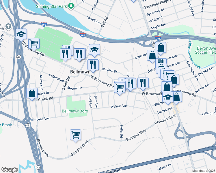 map of restaurants, bars, coffee shops, grocery stores, and more near 220 West Browning Road in Bellmawr