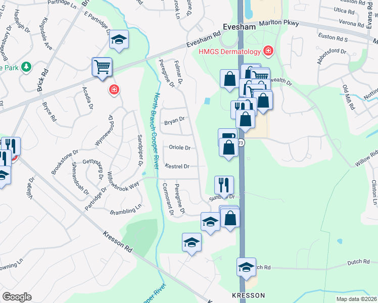 map of restaurants, bars, coffee shops, grocery stores, and more near 4 Oriole Drive in Voorhees Township