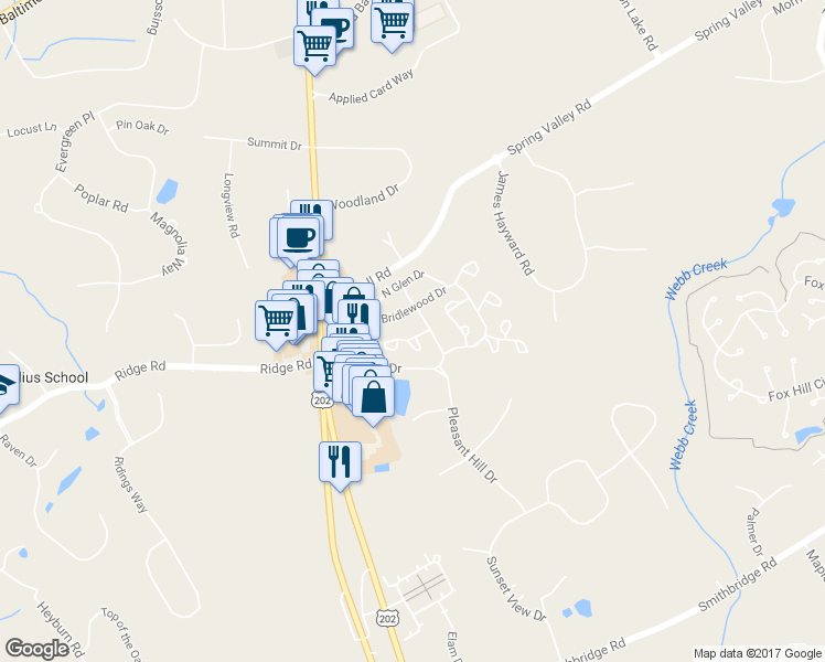 map of restaurants, bars, coffee shops, grocery stores, and more near 104 Meadow Court in Glen Mills