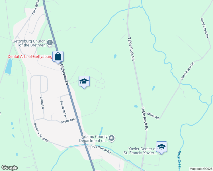 map of restaurants, bars, coffee shops, grocery stores, and more near 36 Dew Drop Lane in Gettysburg