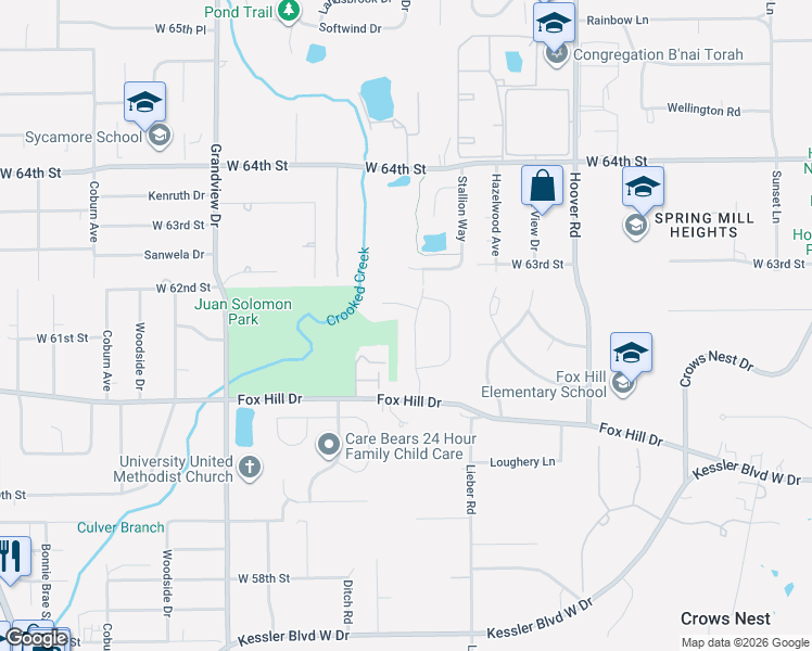 map of restaurants, bars, coffee shops, grocery stores, and more near 6140 Munsee Lane in Indianapolis