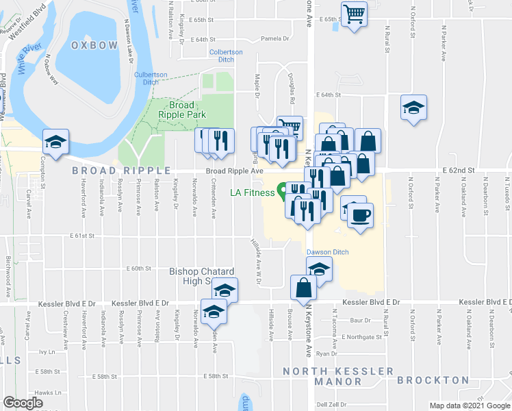 map of restaurants, bars, coffee shops, grocery stores, and more near 6149 Burlington Avenue in Indianapolis
