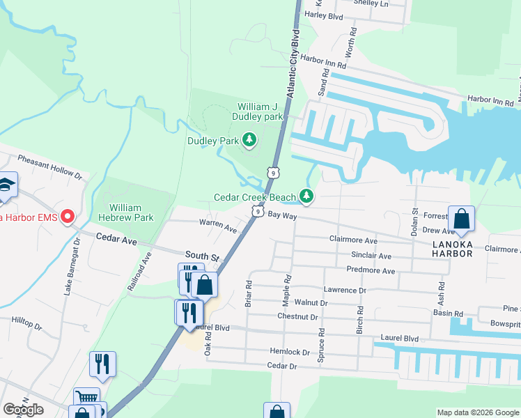 map of restaurants, bars, coffee shops, grocery stores, and more near 827 U.S. 9 in Lacey Township