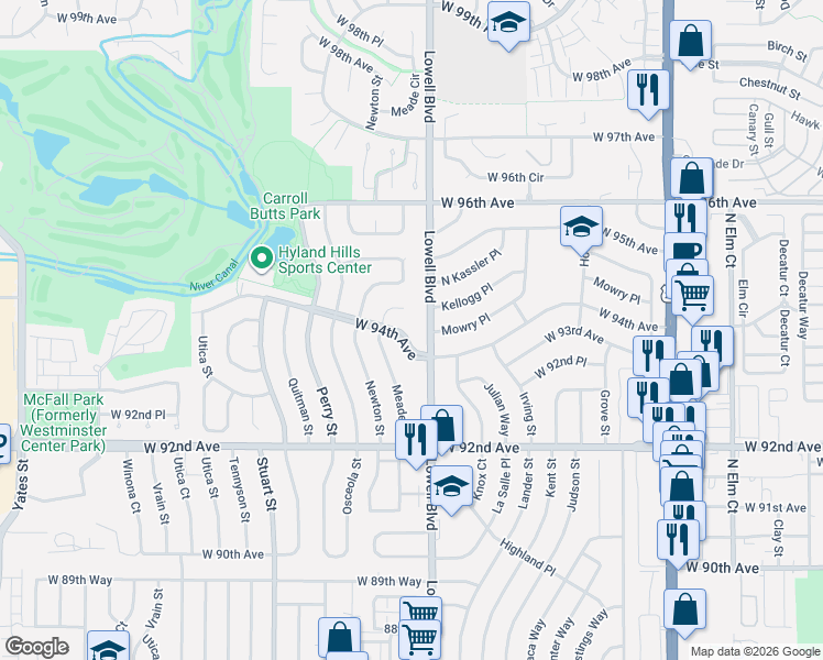 map of restaurants, bars, coffee shops, grocery stores, and more near 3591 Mowry Place in Westminster