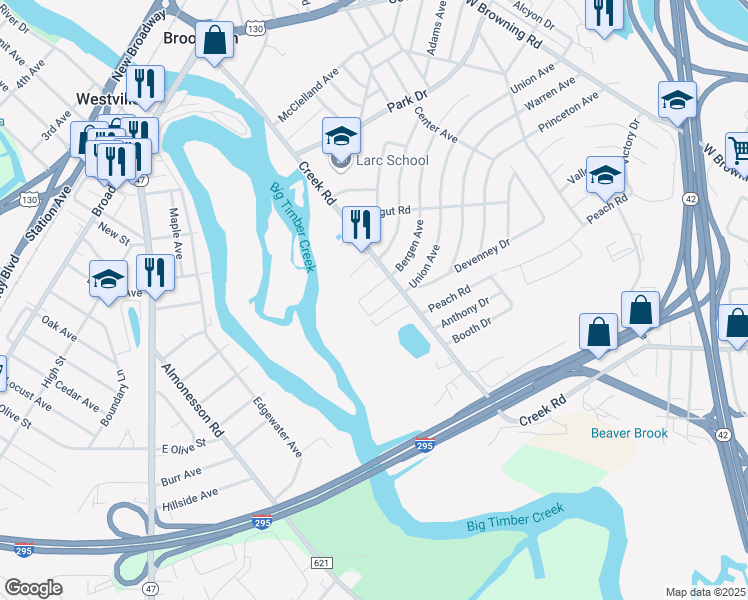 map of restaurants, bars, coffee shops, grocery stores, and more near 928 Creek Road in Bellmawr