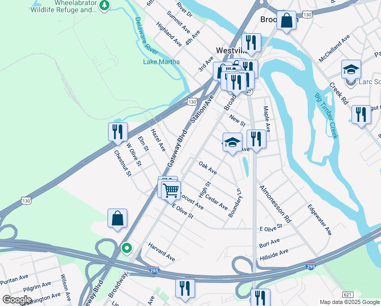map of restaurants, bars, coffee shops, grocery stores, and more near 516 Broadway in Westville