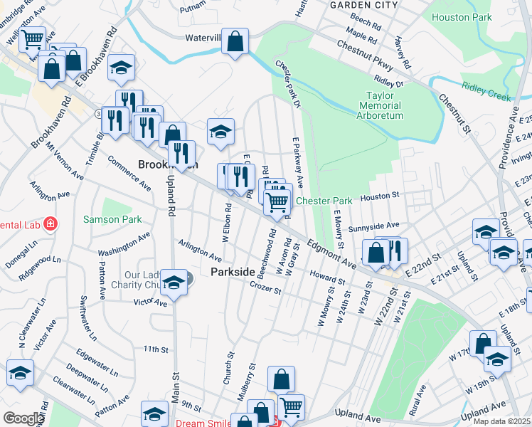map of restaurants, bars, coffee shops, grocery stores, and more near 2711 Edgmont Avenue in Brookhaven