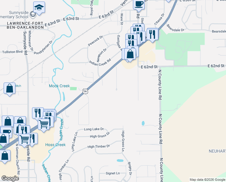 map of restaurants, bars, coffee shops, grocery stores, and more near 6010 Middle Drive in Indianapolis