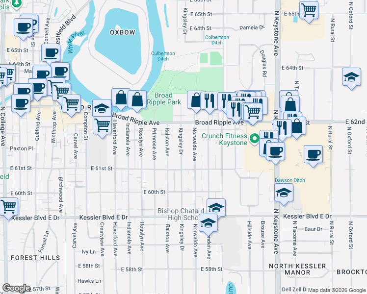 map of restaurants, bars, coffee shops, grocery stores, and more near 6150 Norwaldo Avenue in Indianapolis