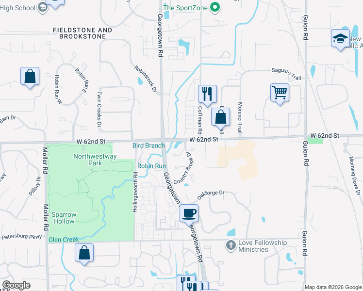 map of restaurants, bars, coffee shops, grocery stores, and more near 6130 Countrybrook Court in Indianapolis