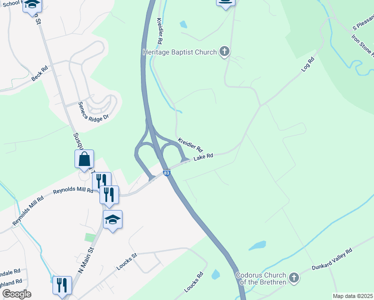 map of restaurants, bars, coffee shops, grocery stores, and more near 7256 Kreidler Road in York