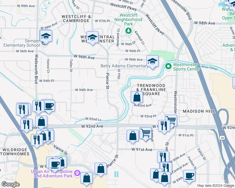 map of restaurants, bars, coffee shops, grocery stores, and more near 9338 Pierce Street in Westminster