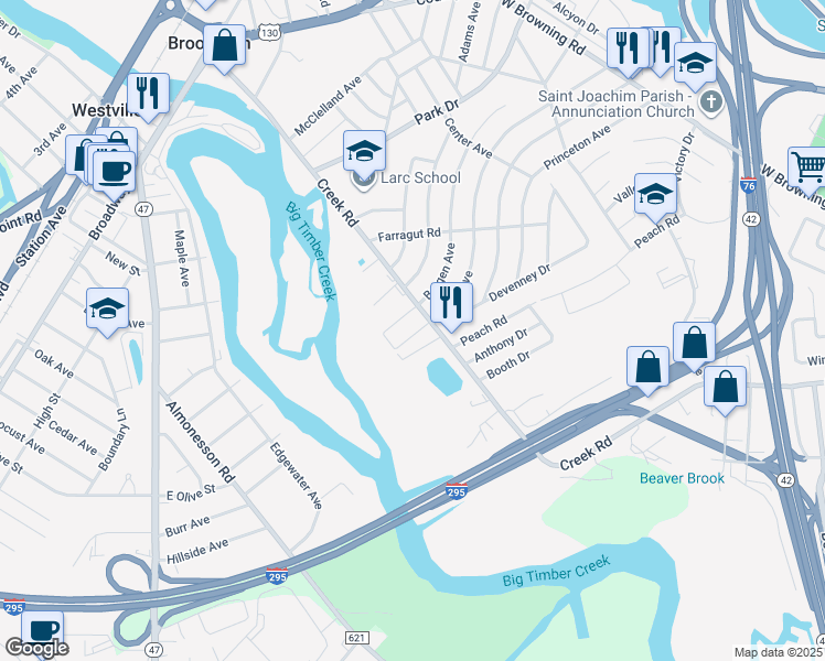 map of restaurants, bars, coffee shops, grocery stores, and more near 928 Creek Road in Bellmawr