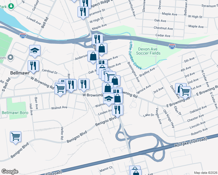 map of restaurants, bars, coffee shops, grocery stores, and more near in Bellmawr