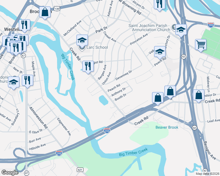 map of restaurants, bars, coffee shops, grocery stores, and more near 340 Peach Road in Bellmawr