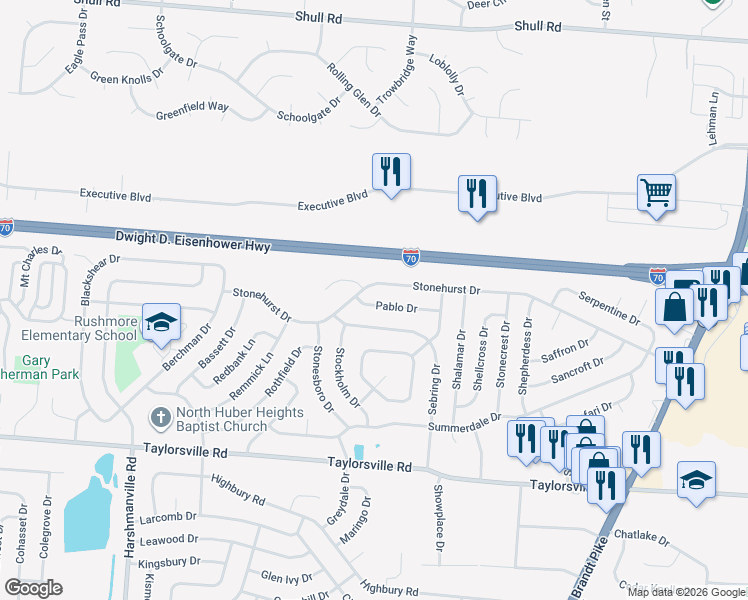 map of restaurants, bars, coffee shops, grocery stores, and more near 6741 Pablo Drive in Dayton