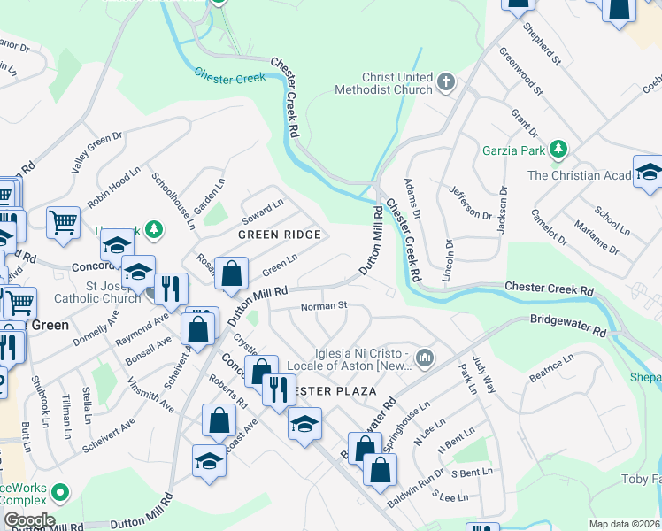 map of restaurants, bars, coffee shops, grocery stores, and more near 22 Ridge Road in Aston
