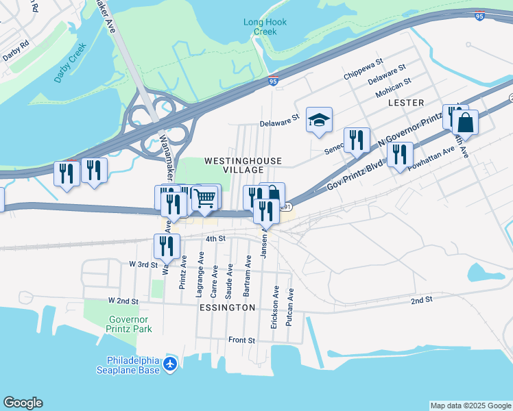 map of restaurants, bars, coffee shops, grocery stores, and more near 501 Jansen Avenue in Tinicum Township