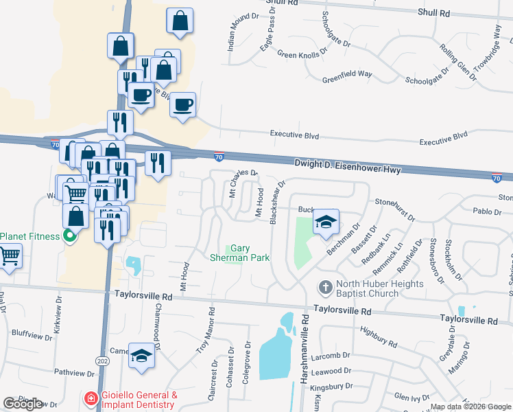 map of restaurants, bars, coffee shops, grocery stores, and more near 8155 Mount Hood in Huber Heights
