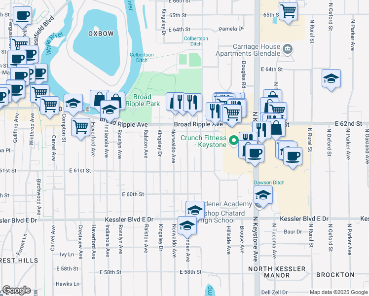 map of restaurants, bars, coffee shops, grocery stores, and more near 6154 Crittenden Avenue in Indianapolis