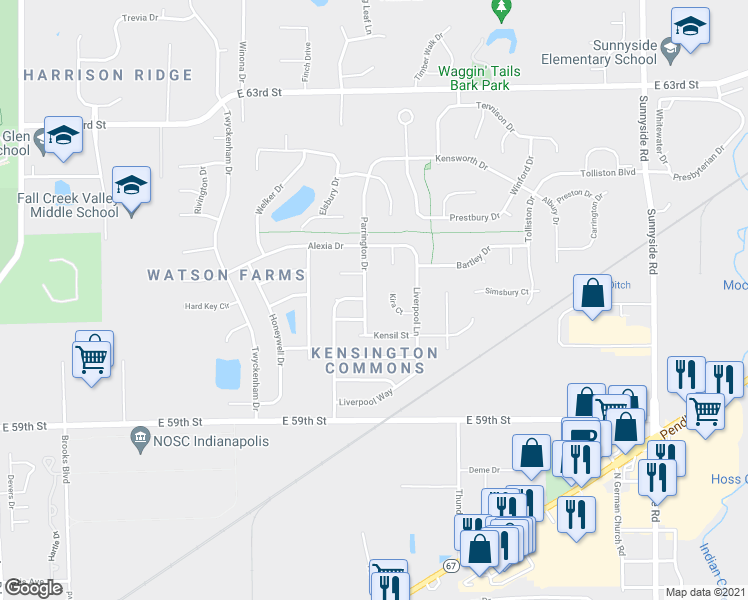 map of restaurants, bars, coffee shops, grocery stores, and more near 6079 Parrington Drive in Indianapolis