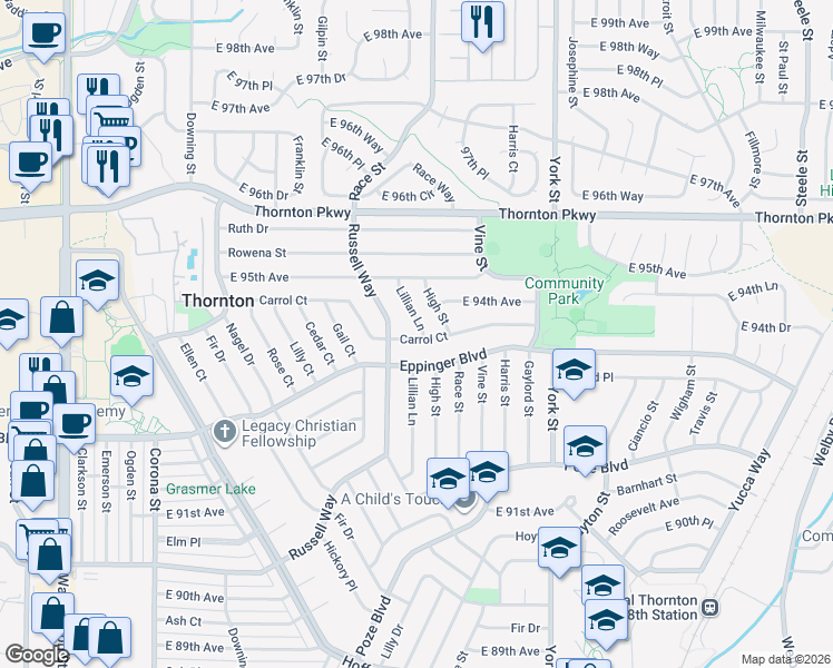 map of restaurants, bars, coffee shops, grocery stores, and more near 1821 Carrol Court in Thornton
