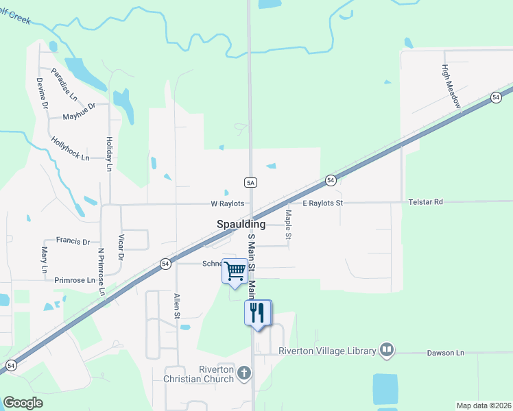 map of restaurants, bars, coffee shops, grocery stores, and more near 2-32 N Main St in Spaulding