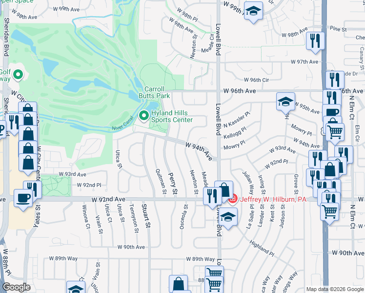 map of restaurants, bars, coffee shops, grocery stores, and more near 9385 Newton Street in Westminster