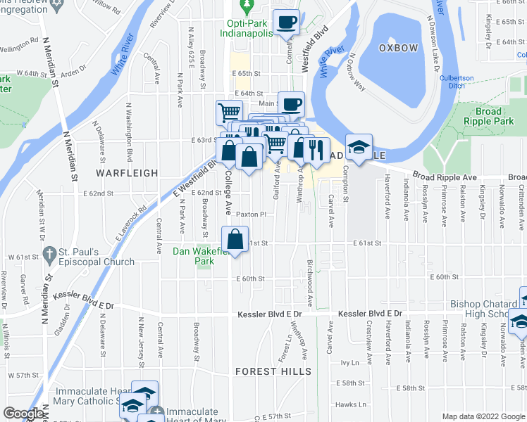 map of restaurants, bars, coffee shops, grocery stores, and more near 6152 Guilford Avenue in Indianapolis