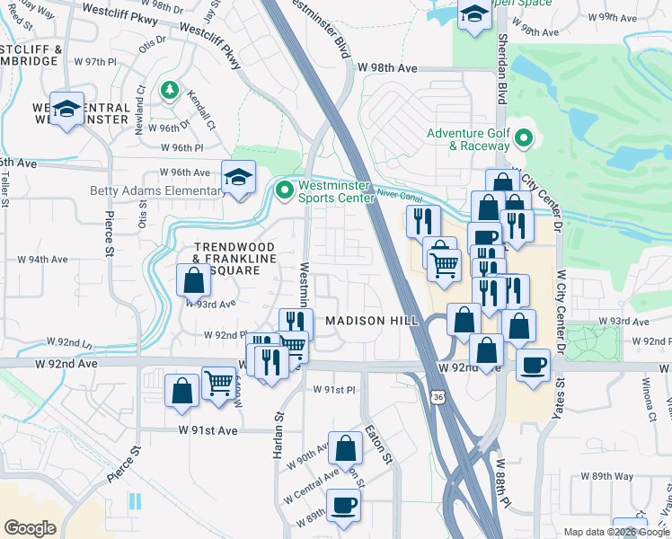 map of restaurants, bars, coffee shops, grocery stores, and more near 5909 West 94th Avenue in Westminster