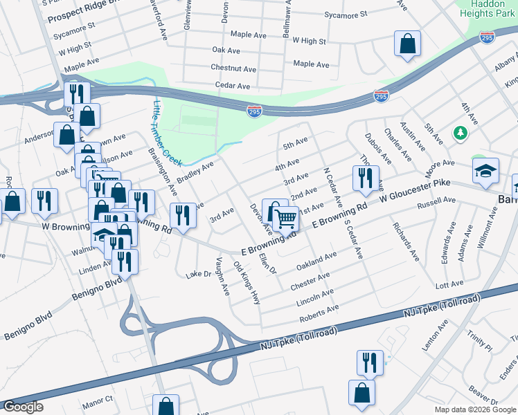 map of restaurants, bars, coffee shops, grocery stores, and more near 44 Devon Avenue in Bellmawr