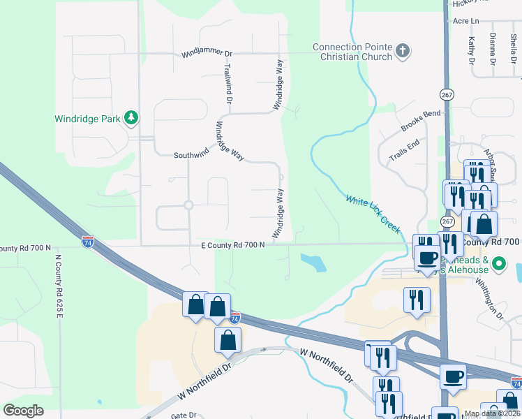 map of restaurants, bars, coffee shops, grocery stores, and more near 6850 Four Winds Court in Brownsburg