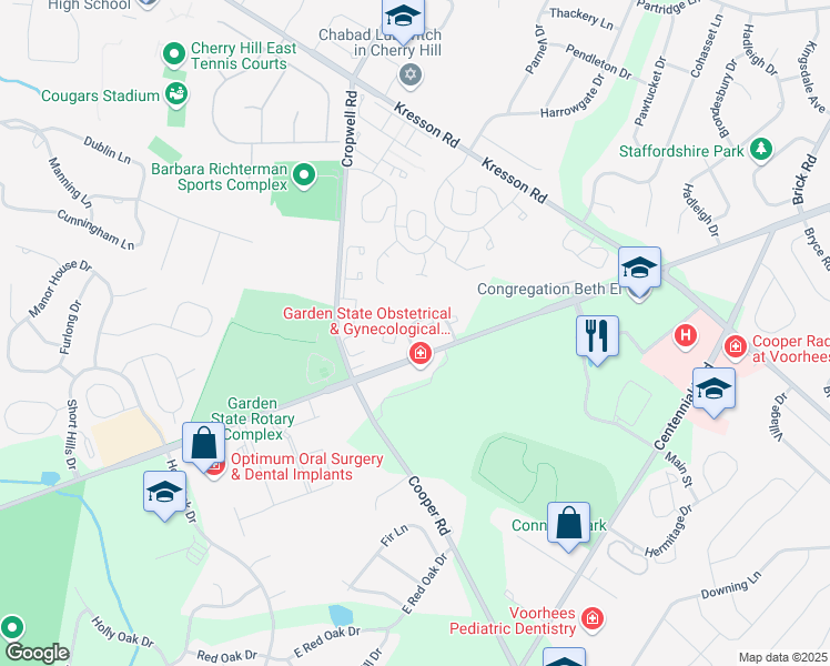 map of restaurants, bars, coffee shops, grocery stores, and more near 1964 The Woods II in Cherry Hill
