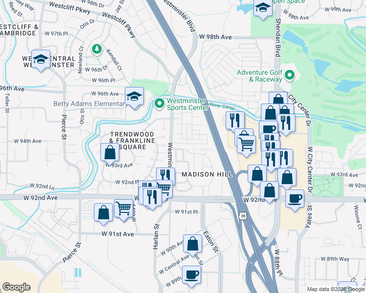 map of restaurants, bars, coffee shops, grocery stores, and more near 5909 West 94th Avenue in Westminster