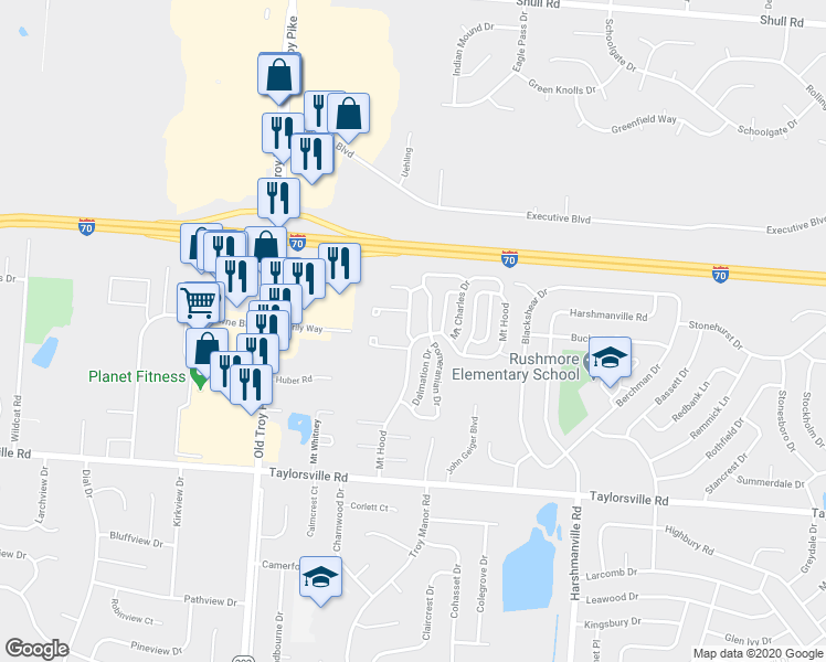 map of restaurants, bars, coffee shops, grocery stores, and more near 8036 Mount Everest Street in Huber Heights