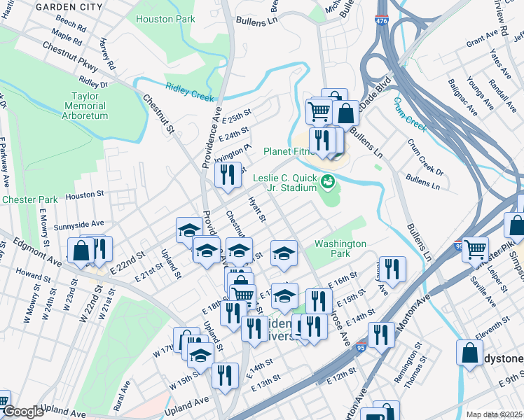 map of restaurants, bars, coffee shops, grocery stores, and more near 603 East 21st Street in Chester