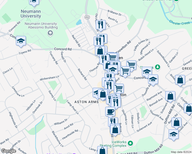 map of restaurants, bars, coffee shops, grocery stores, and more near 3 Aston Court in Aston