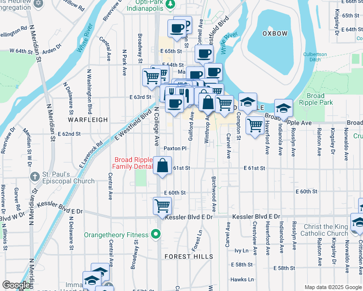 map of restaurants, bars, coffee shops, grocery stores, and more near 6152 Guilford Avenue in Indianapolis