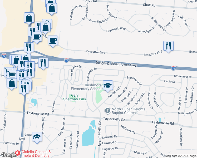 map of restaurants, bars, coffee shops, grocery stores, and more near 6113 Buckman Drive in Dayton