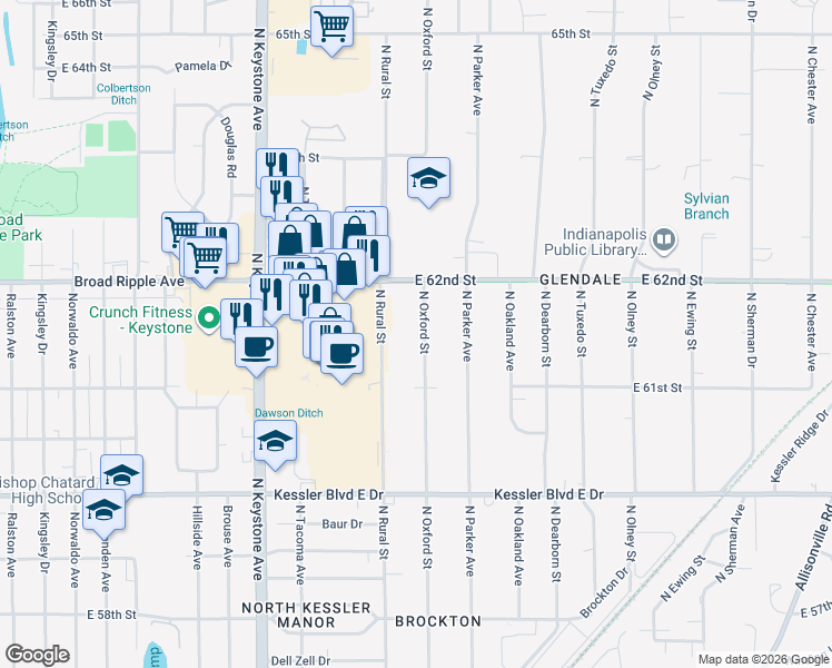 map of restaurants, bars, coffee shops, grocery stores, and more near 6150 North Oxford Street in Indianapolis