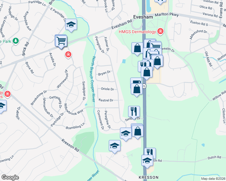 map of restaurants, bars, coffee shops, grocery stores, and more near 4 Oriole Drive in Voorhees Township