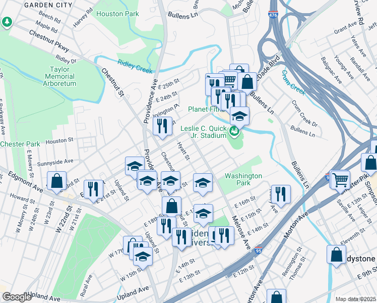 map of restaurants, bars, coffee shops, grocery stores, and more near 607 East 21st Street in Chester