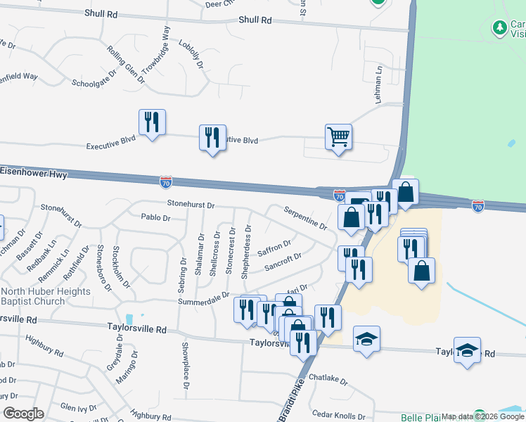 map of restaurants, bars, coffee shops, grocery stores, and more near 7201 Serpentine Drive in Dayton